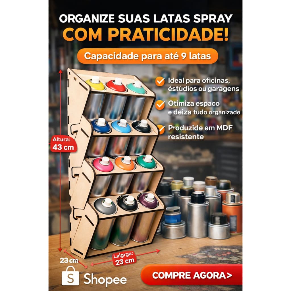 Organizador de Latas Spray MDF 9 Latas | Suporte Porta Spray para Oficina, Grafite, Garagem e Bancada