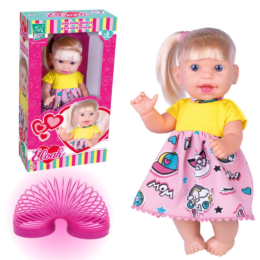 Boneca Bebe Eloah Com Cabelo e Vestido Cabeluda  31CM + Mola Maluca Brinde