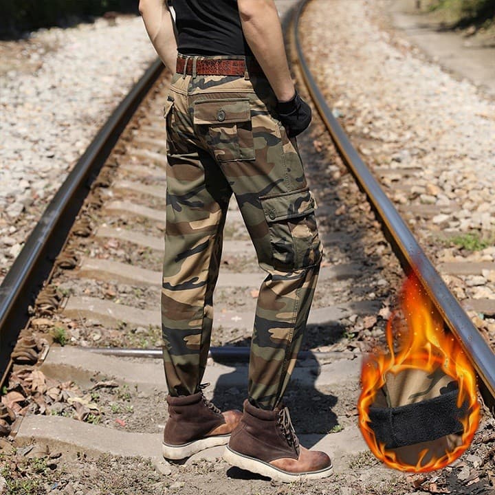 Calças camufladas masculinas inverno velo-velo quente macacão porta guarda calças roupas de segurança calças resistentes