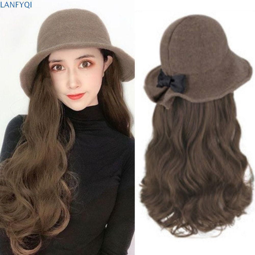 LANFYQI Peruca De Chapéu De Pescador , Balde Estilo Coreano , Cabelo Ondulado Longo E Encaracolado Natural