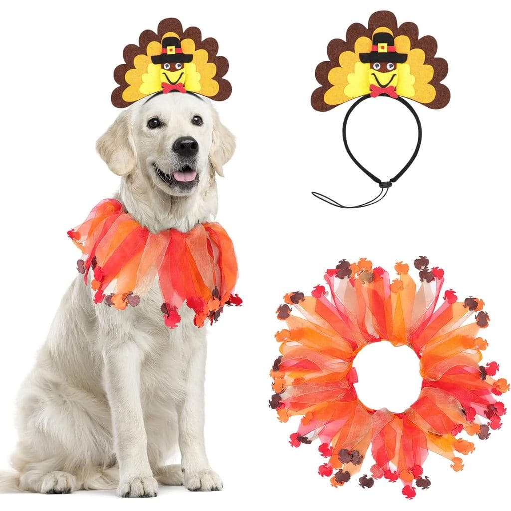 Fantasias de Ação de Graças para Cães: Tiara de Peru com Coleira para Cão, Acessório de Festa com Tiara de Filhote de Pe