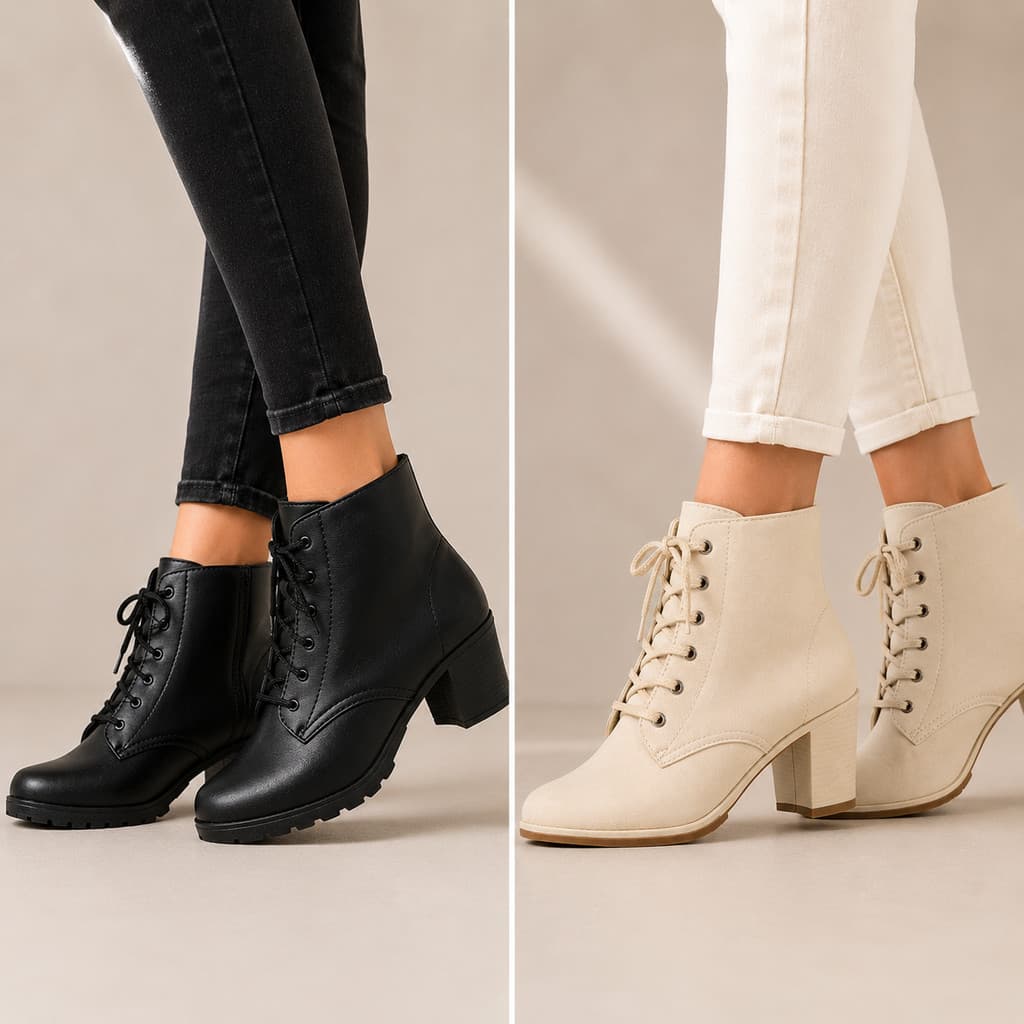 Kit 2 Botas Coturno Feminino Salto Alto Moda Blogueira Elegante Confortável E Macia Preto E Off-White