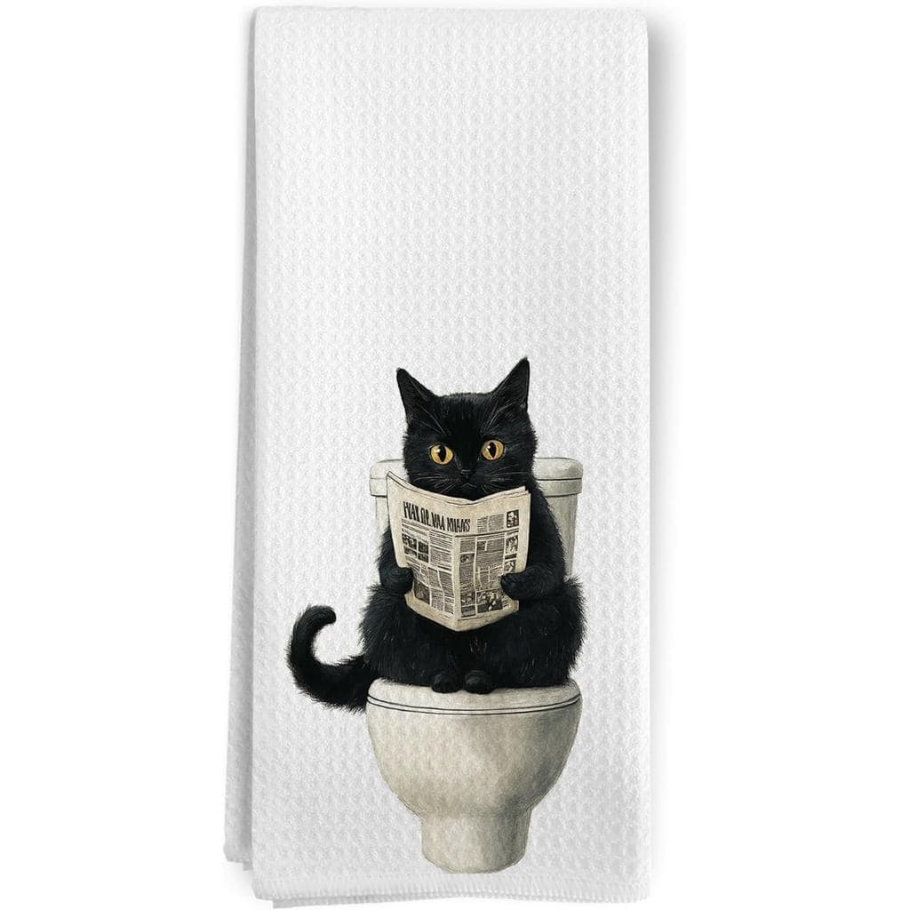 Toalhas de Mão Engraçadas de Gato Preto, Toalhas Decorativas de Gatinho Preto Lendo Jornal no Banheiro para Decoração de