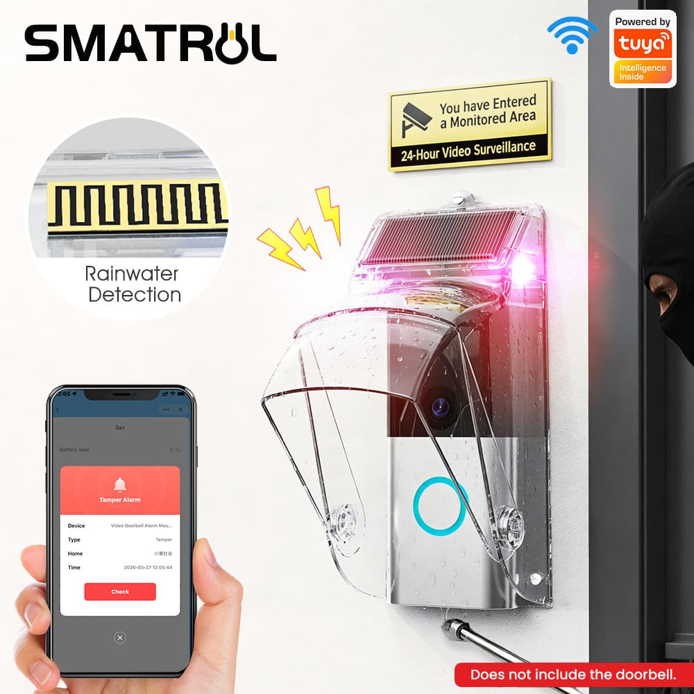 SMATRUL Tuya WiFi Campainha Suporte Protetor Para Câmera Com Detecção De Chuva , Alarme Magnético De 100dB E Energia Sol