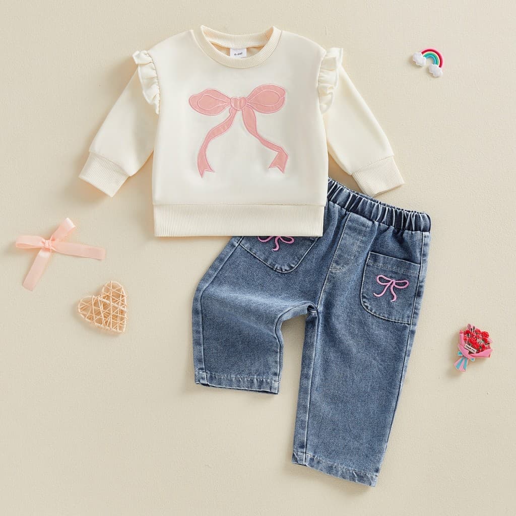[helali] Conjunto De 2 Peças Para Bebês Meninas Com Laço Bordado De Manga Comprida E Calça Jeans