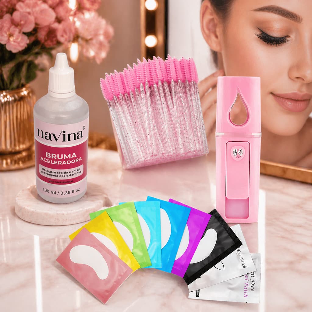 Kit 50 Escovinhas + Navina Bruma 100ml + Nano Vaporizador + 50 Pares Gel Pad Protetor