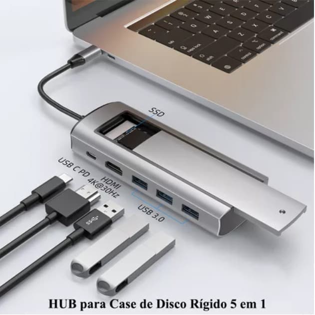 Dock USB-C 6 em 1 com M.2 SSD Hub e saída de vídeo 4K