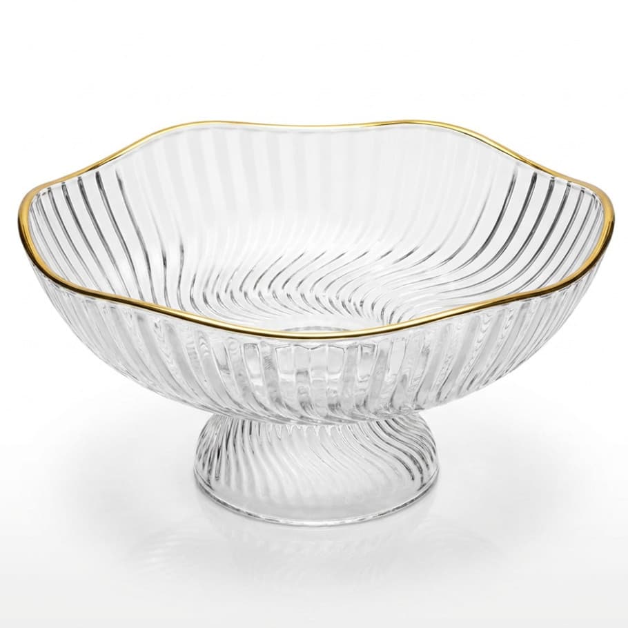 Fruteira Acrilica Transparente Borda Dourada Elegante Base Elevada Multiuso Doces Frutas Centro Mesa Decoração