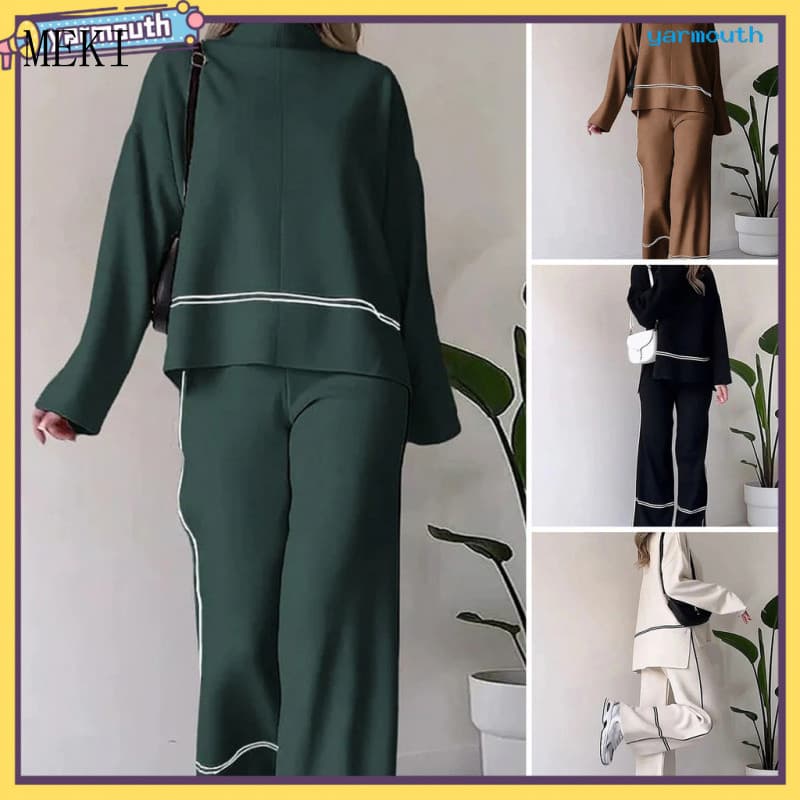 Conjunto de 2 Peças Feminino: Blusa de Manga Longa com Decote Redondo e Calça de Cintura Alta, Cor Sólida, Elástica, Sol