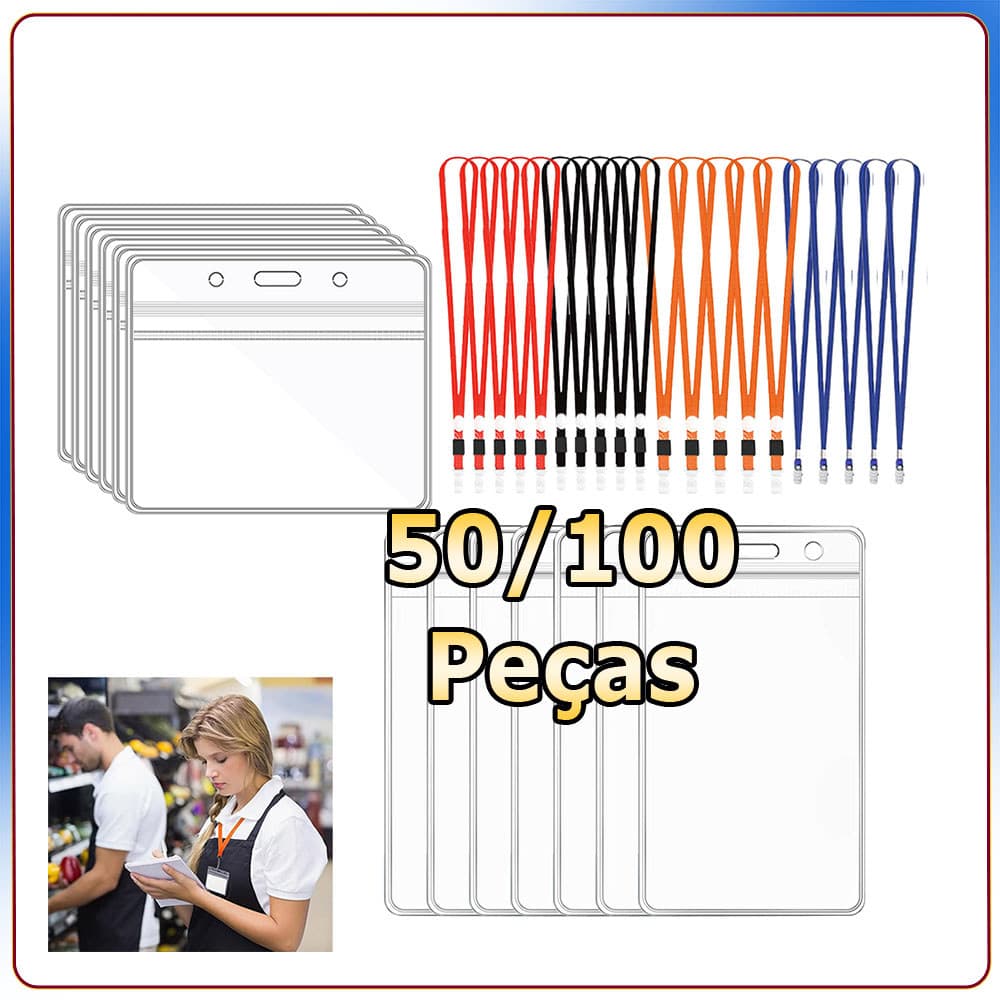 Kit 50/100 Crachás de plástico transparente porta-cartões de identificação porta-crachás à prova d'água com cordões