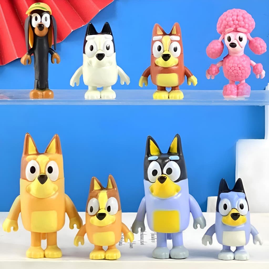 Conjunto de 8 peças de figuras de personagens da família Bluey e Amigos, em estilo anime e desenho animado, com 8 cm de