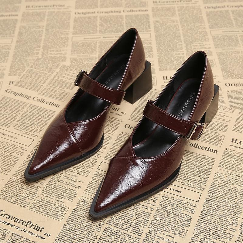 Sapatos Mary Jane Femininos de Bico Fino com Fivela e Salto Alto Raso, Design 2026 OP7G