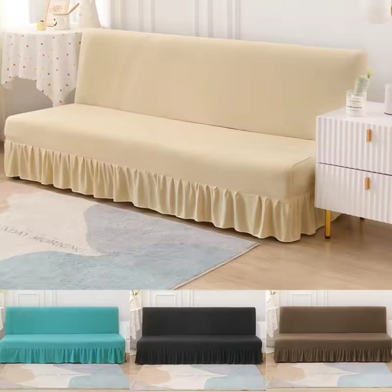 Capa De Sofá-Cama Dobrável Elástica De Cor Sólida Com Saia Sem Apoio De Braço