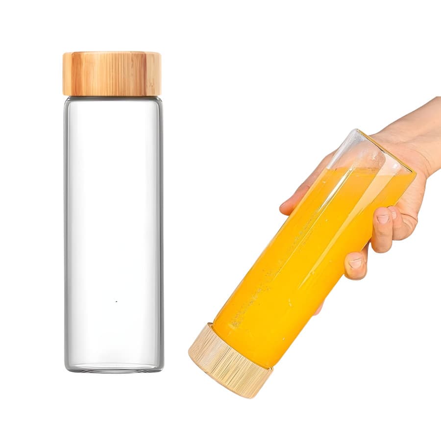 Garrafa Squeeze De Vidro Água Chá Suco 600ml Tampa Bambu