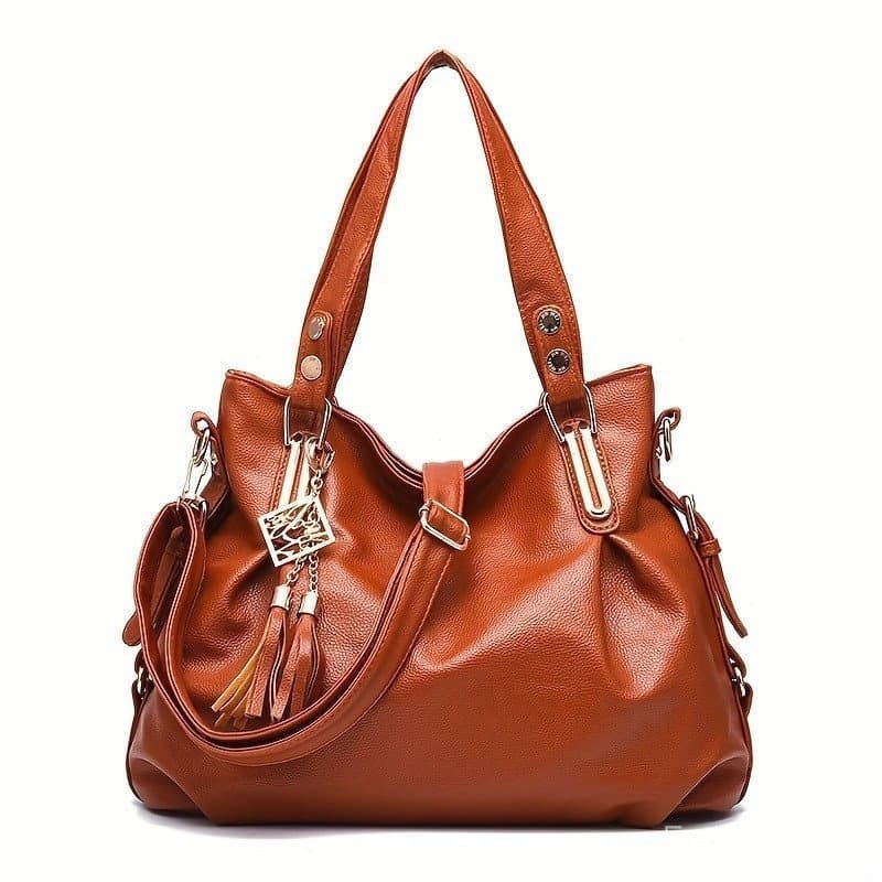 Saco De Couro Macio Para Ombro Feminino Cor Sólida Tassel Decor De Grande Capacidade Bolsa