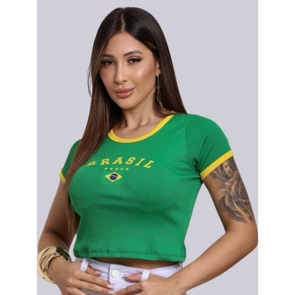 Blusa Cropped Feminino Ribana Canelado Manga Curta Verde e Amarelo Bandeira do Brasil/Baby Tee/ Tendência