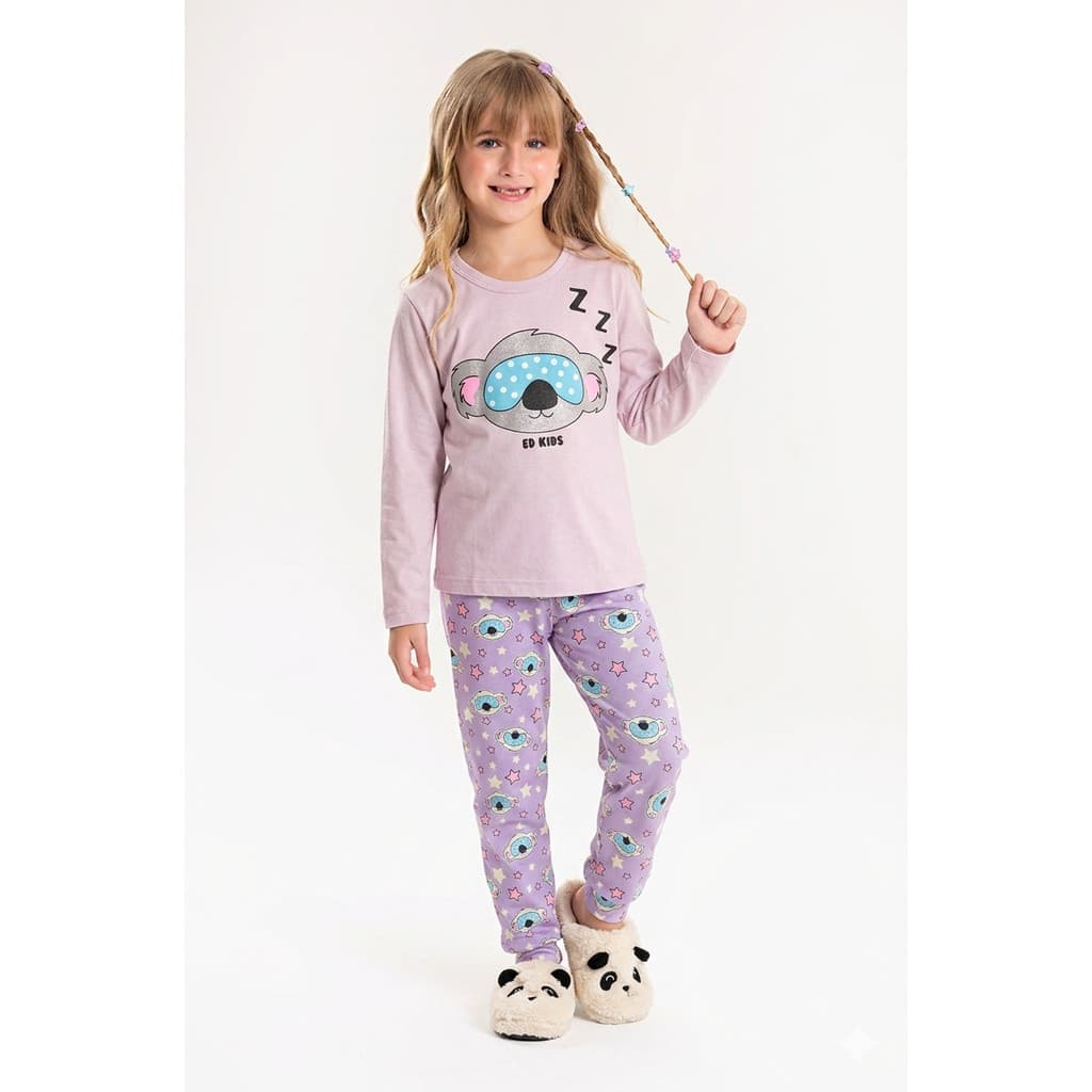 Conjunto Pijama Infantil Feminino Coala Soneca Manga Longa Confortável - Lilás