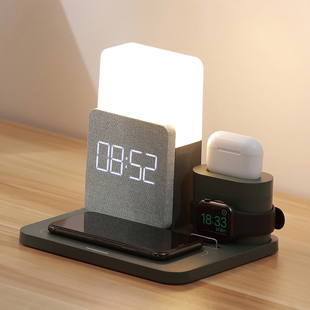 QXZ Alarme Qi Lâmpada De Carregamento Sem Fio Para IPhone 13 12 AirPods IWatch 6 5 Samsung Galaxy Watch Cabeceira LED Es