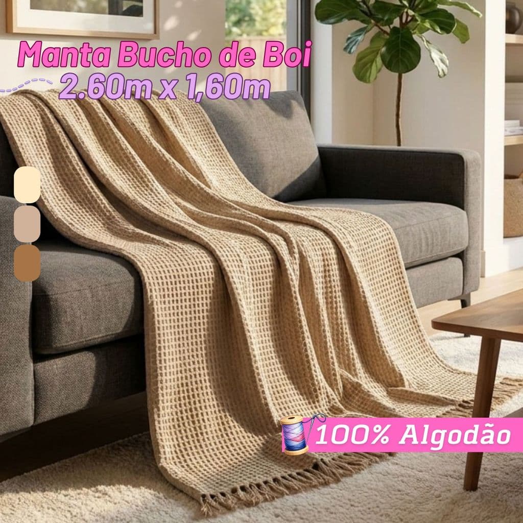Manta Bucho de Boi 100% Algodão para Sofá Cama 2,60x1,60m Toque Macio