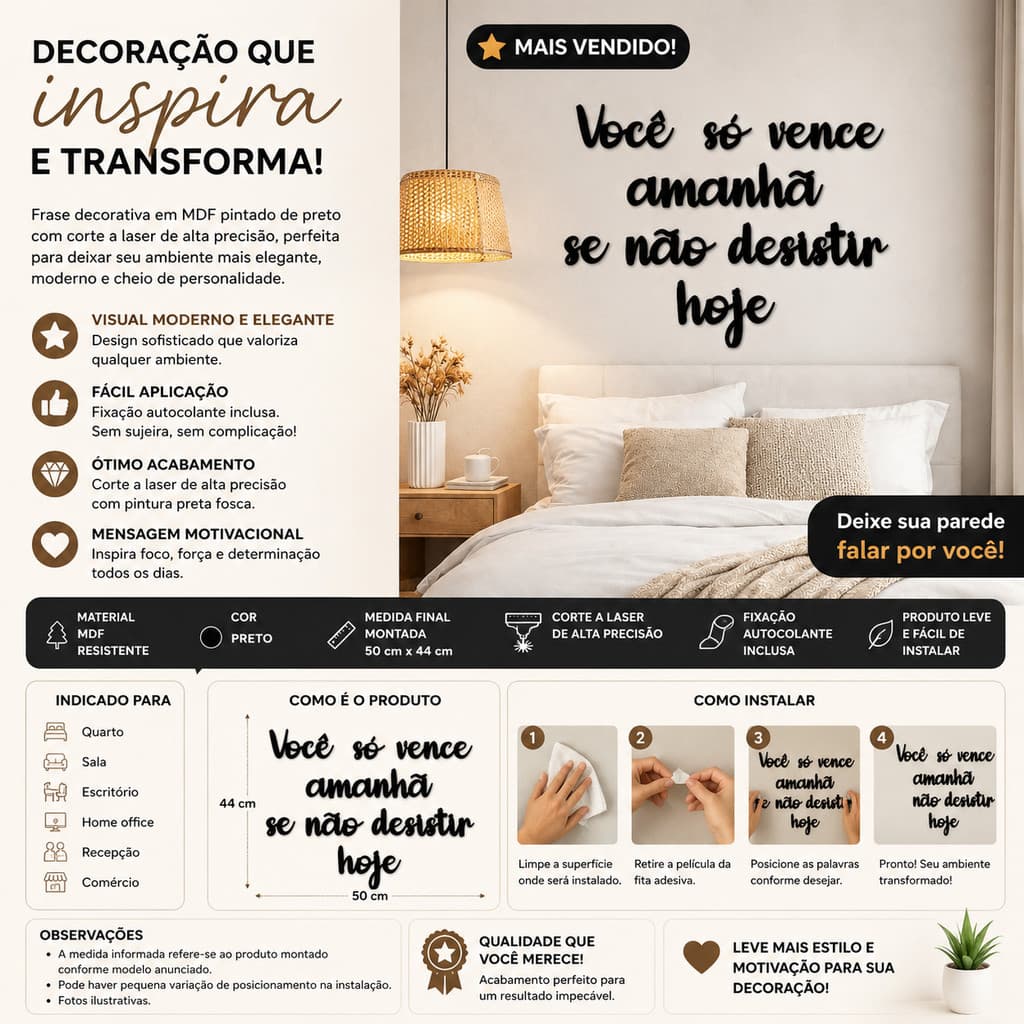 Frase Decorativa MDF Preto Autocolante Corte Laser Quarto Sala Parede Motivacional