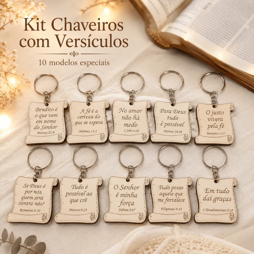 Chaveiros 10/30/50/100 Versículos Bíblicos Modelo Pergaminho MDF Branco Lembrancinha Brinde Cristã