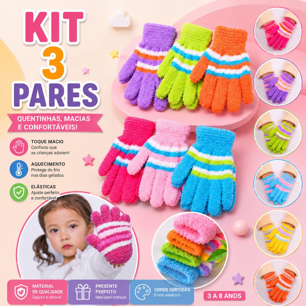 Kit 3 Luvas Infantis de Inverno Quentinhas – Térmica Lisa Antifrío Resistente Para Menino e Menina Moda Infantil---WJ