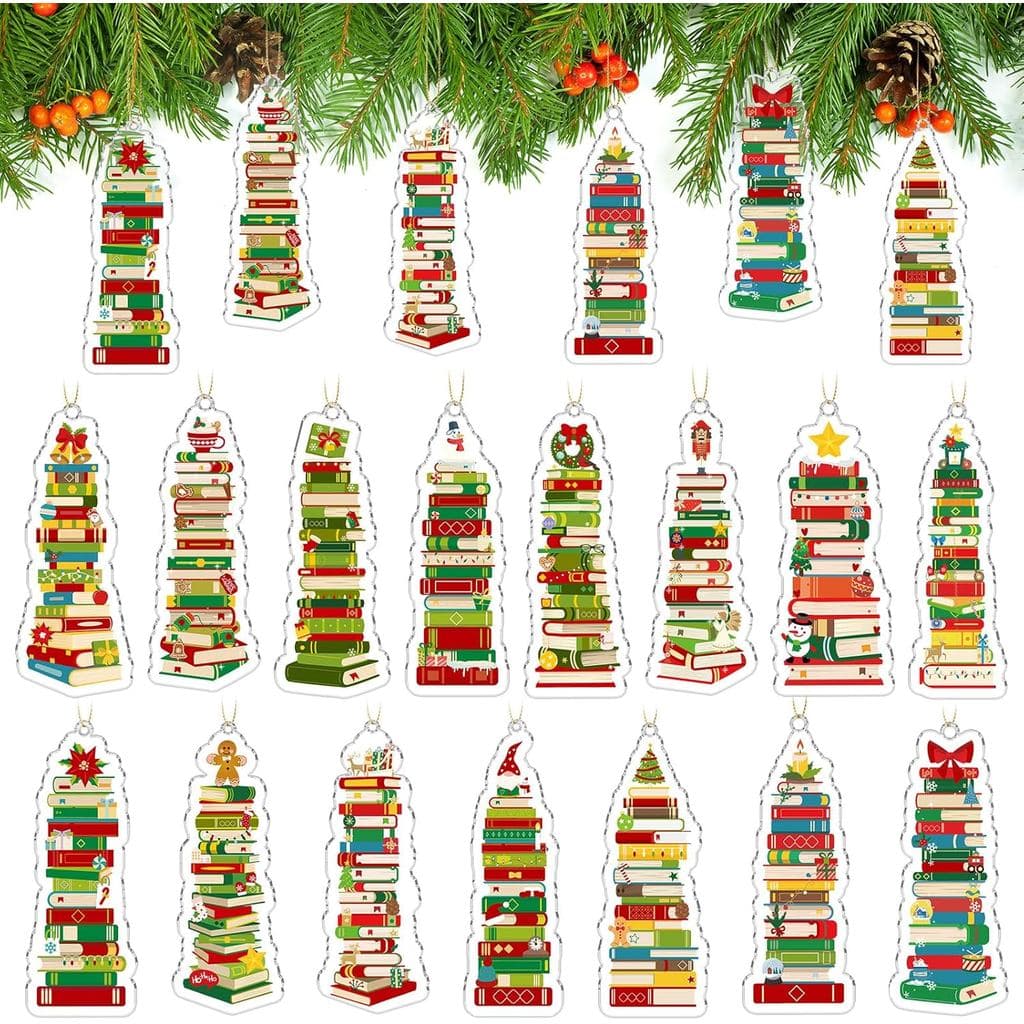 Tenare 30 Peças de Enfeites de Natal em Acrílico com Tema de Livro, Decorações de Natal para Estante de Livros, Presente