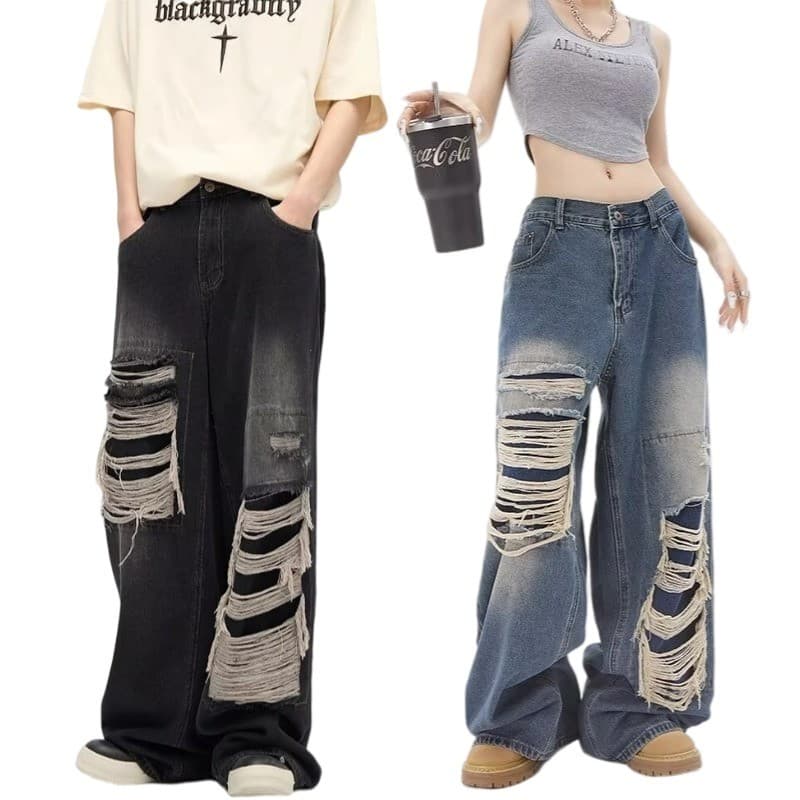 Calças jeans Largas Rasgados Americano High Street Nicho Retro Fazer De Perna Larga Masculino