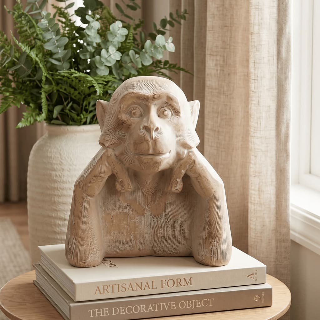 Peça Decorativa Escultura Macaco Decorativo Pátina em Resina Bege 26cm Design Orgânico Luxo Premium
