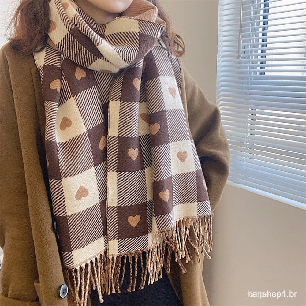 Inverno imitação cachecê de cashmere mulher coração grelha engrossar coréia edição de moda com casaco
