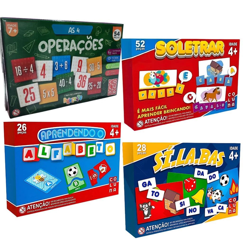 Jogo Brinquedo Educativo Escola Alfabetização Pedagógico Kit 4 Operação Alfabeto Silabas Soletrar