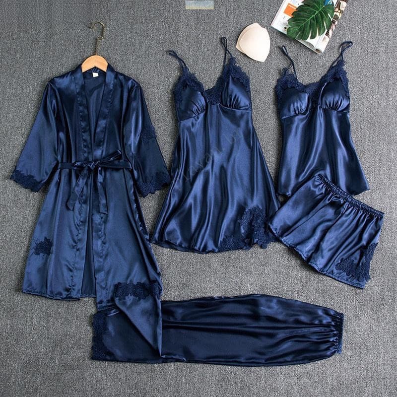 Conjunto de 5 Peças de Roupão de Seda para Mulheres, Pijama de Cetim com Renda e Camisola de Decote em V U LGLP