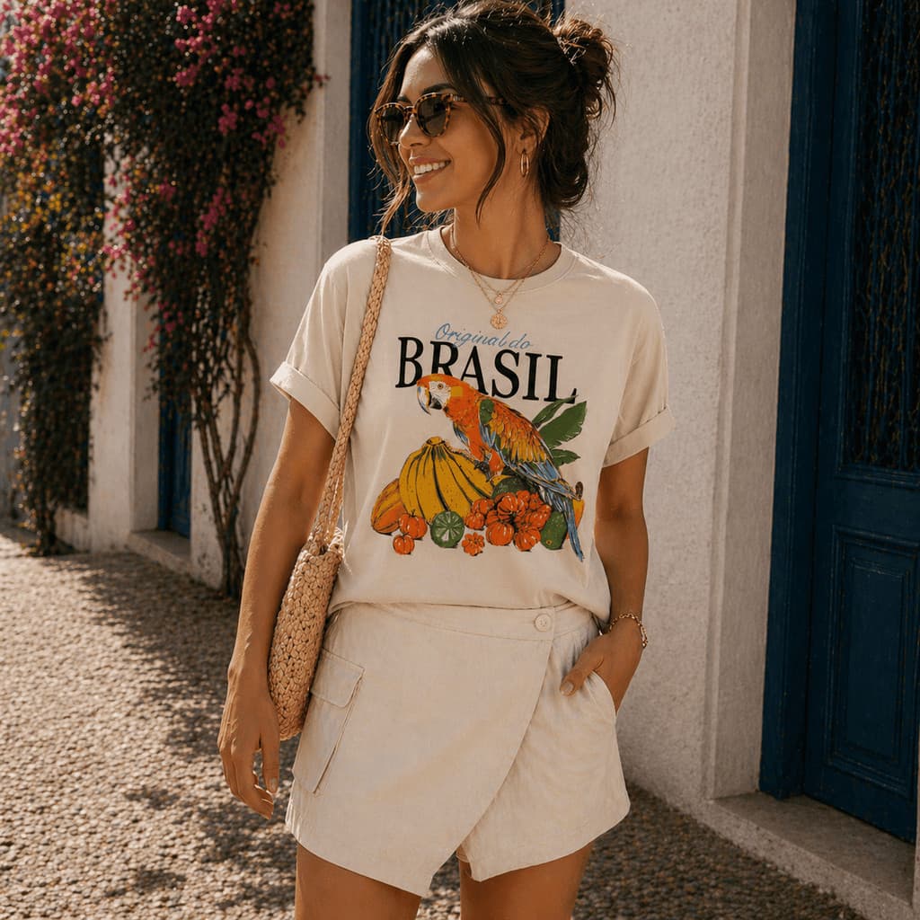 Camiseta Feminina Estampada Arara Brasil Tropical Original Estilo Verão Casual Chic Moda Praia Look Fashion Confortável