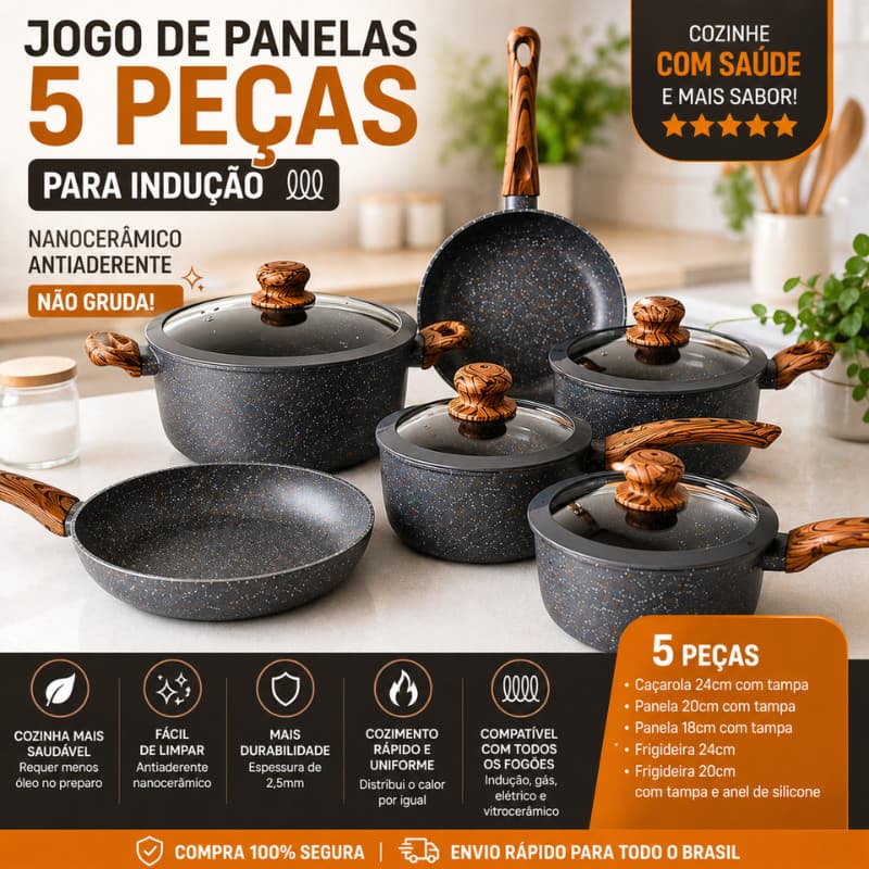 Jogo De Panelas Indução 5 Peças Antiaderente Granito Premium
