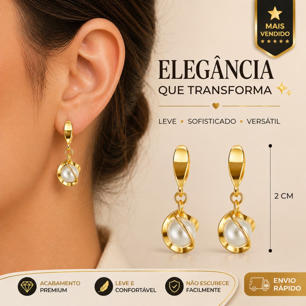 Brinco Feminino Dourado com Pérola Elegante Delicado Folheado a Ouro - Pingente Leve