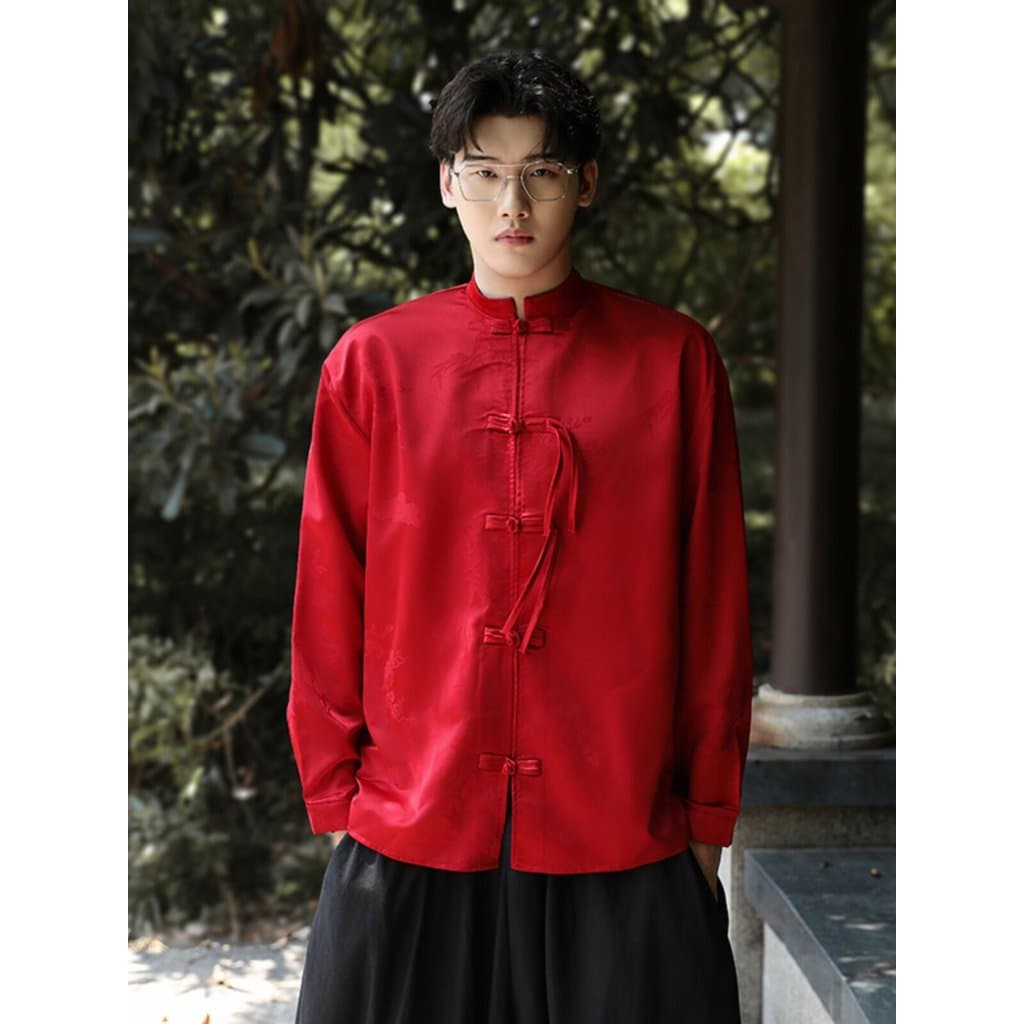 Novo terno Tang masculino chinês estilo chinês vermelho Jacquard camisa de manga comprida High-End sentido cetim melhora