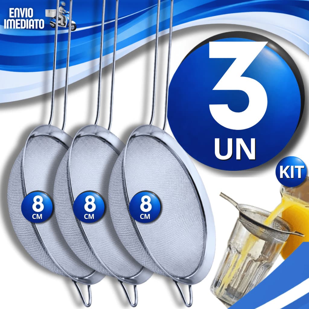 Jogo Peneiras de Aço Inox 8Cm Coador Cozinha Peneiras Farinhas Sucos Molho Multiuso Utensílios