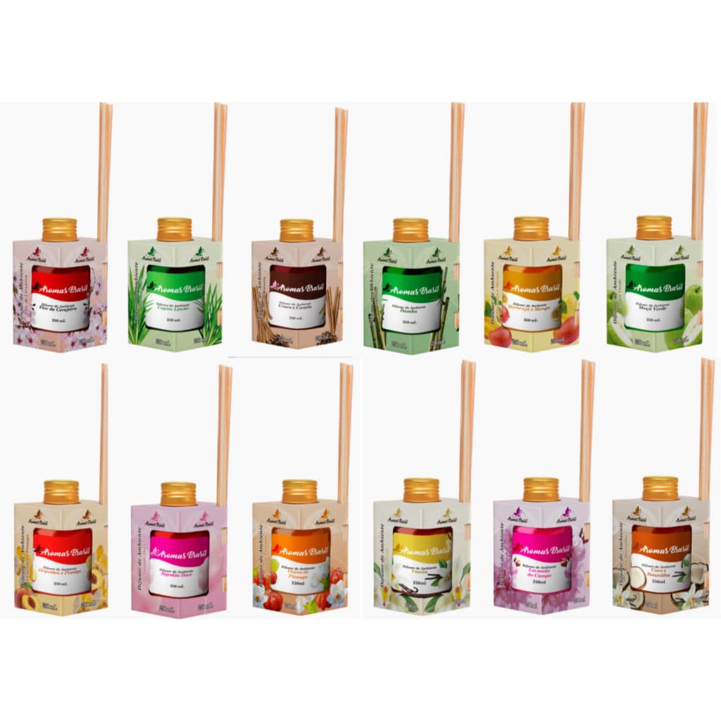 12 Difusor Aromas Aromatizador Perfume Ambientes 250 Ml Aromas Brasil *CAIXA COM 12 UNIDADES*