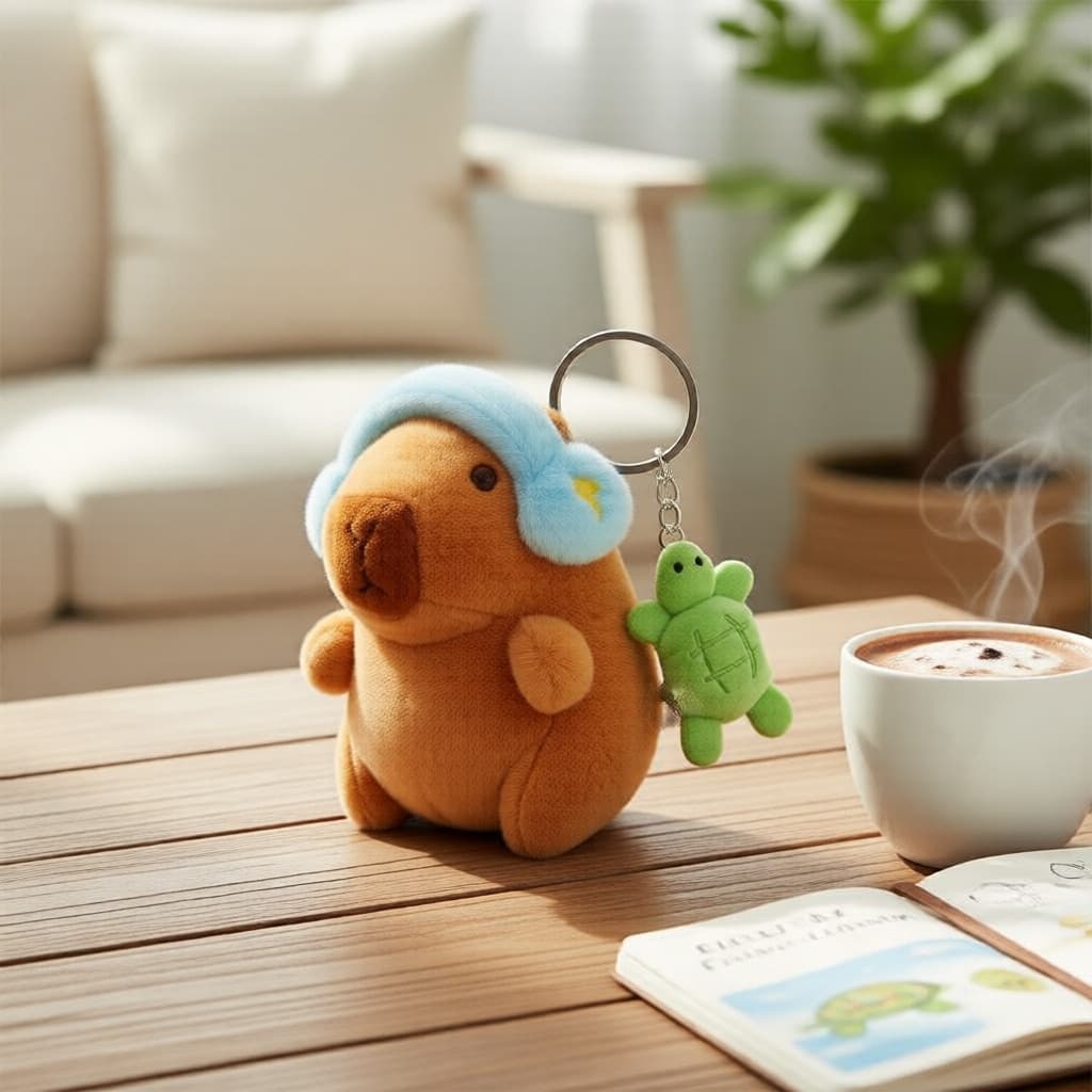 5 peças chaveiros de pelúcia de mini capivara com tartaruga e protetor de orelha