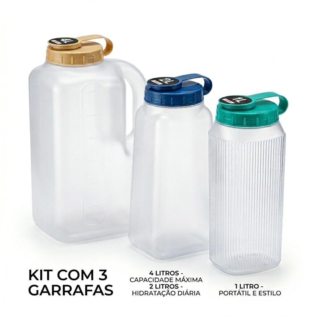 Kit 3 Garrafas Jarrão de Plástico Premium 1L, 2L e 4L Com Medidor E Alça Anatômica