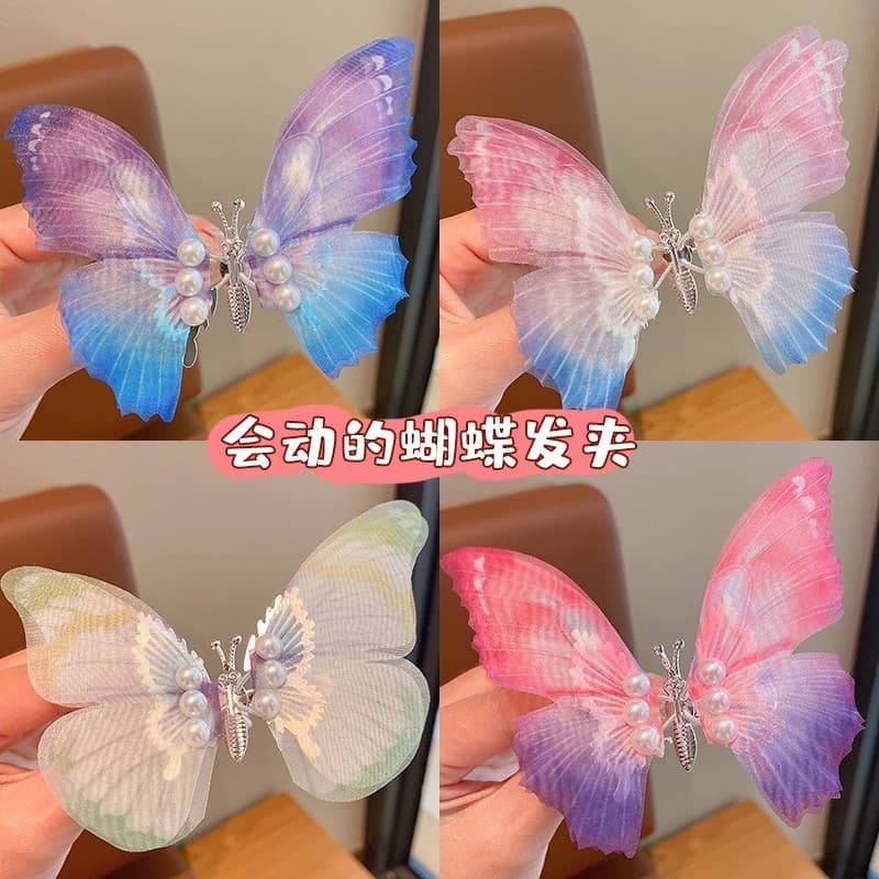 Meninas móvel borboleta hairpin crianças pérola fada dupla camada clipe bonito cocar menina hairpin acessórios de cabelo