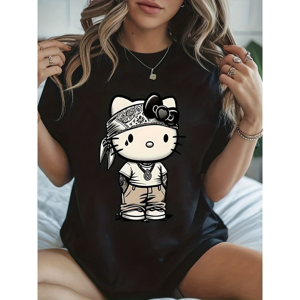 Camiseta Feminina 100%Algodão Estampa Estilo Hip-Hop Hello Kitty Confortável