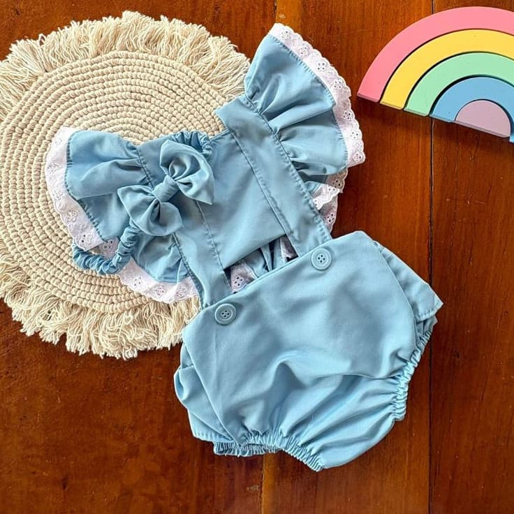6 a 12 meses | Macacão Bebê Menina e Tiara | Bloomer Romper Jardineira| Branco, Azul e Rosa