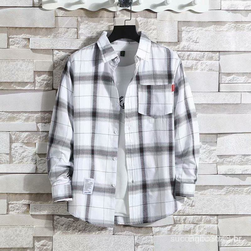 Camisa Masculina de Manga Longa Xadrez - Casual Solta para Primavera e Outono - 7 Cores Disponíveis - Jaqueta com Gola R