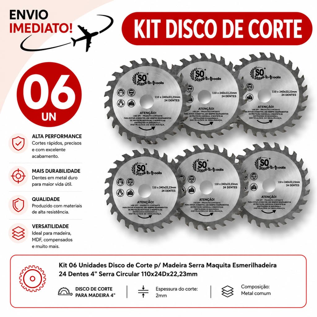 Disco Corte Madeira 110mm Kit 6 Un Esmerilhadeira Serra Circular Inox 4 Polegadas * Envio Imediato *