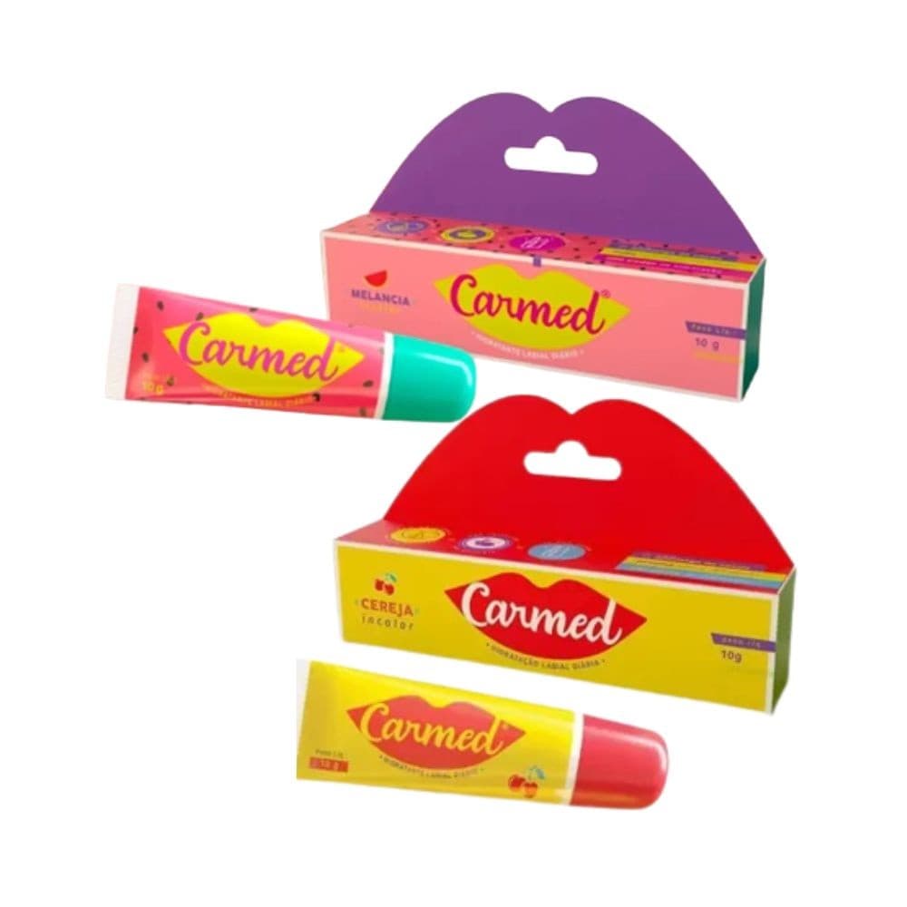 Kit 2 Carmed Labial Sabores Melancia + Cereja 10g Cada Frasco Gel Hidratante Incolor Reparador