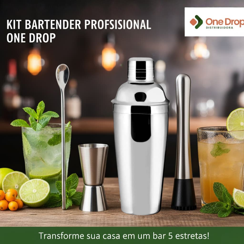 Kit Caipirinha 4 Peças  Kit Bar Coqueteleira Inox Socador Dosador Duplo e colher d