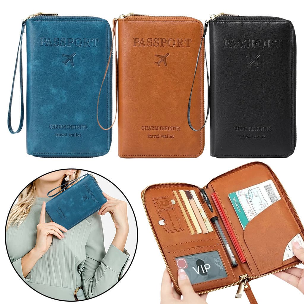 Carteira Multifuncional De Passaporte RFID Para Mulheres E Homens , Porta-Cartões De Couro PU , Estojo Viagens , Itens E
