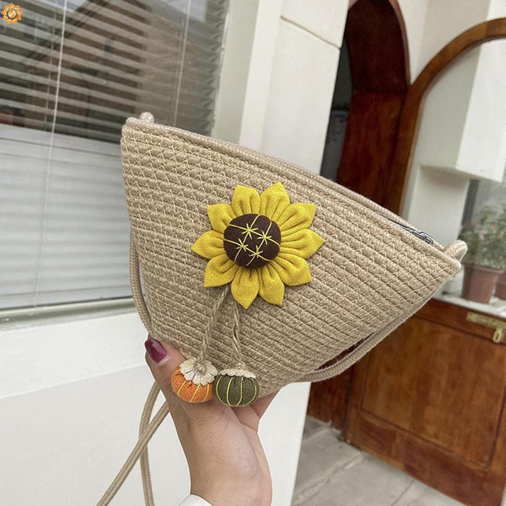 Bolsa De Ombro Feminina De Palha Com Padrão De Girassol Para Férias Na Praia Crossbody Tecida Feita À Mão