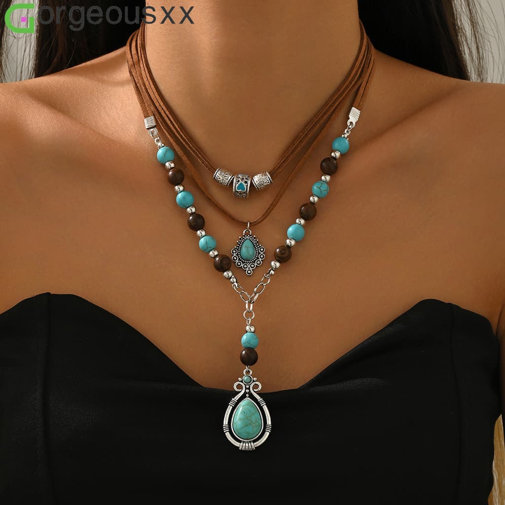 [Gorgeousxx] Moda Étnica Vintage Gota De Água Turquesa Pingente Em Camadas De Camurça Colares Joias